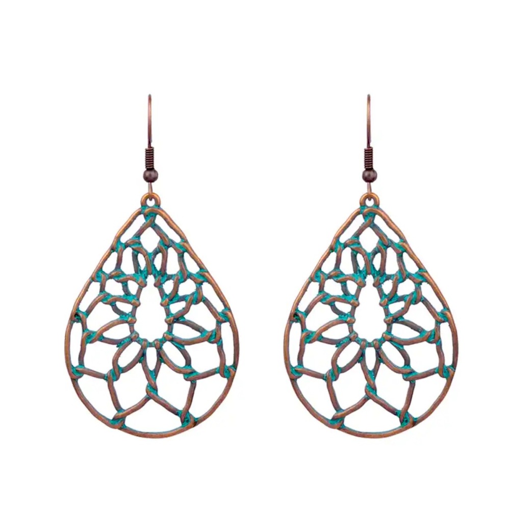 New Bohemian Cut Out Floral Dream Catcher Copper Turquoise Dangle Earrings - Picture 2 of 8